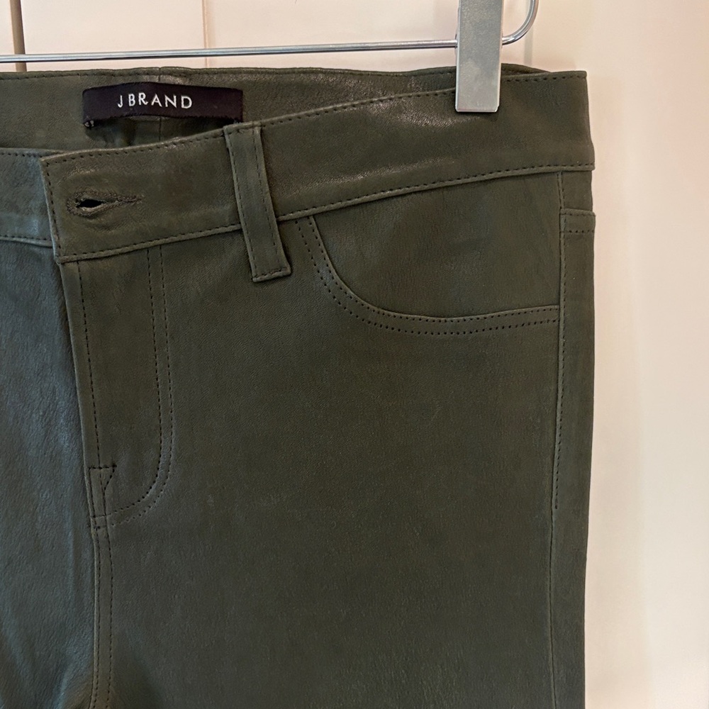 J Brand Size 30 Alpine Green Lamb Leather Skinny Pants with Zipper Detail